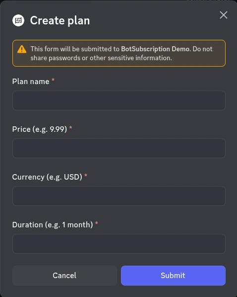 BotSubscription create plan form with fields for name, price, currency, and duration