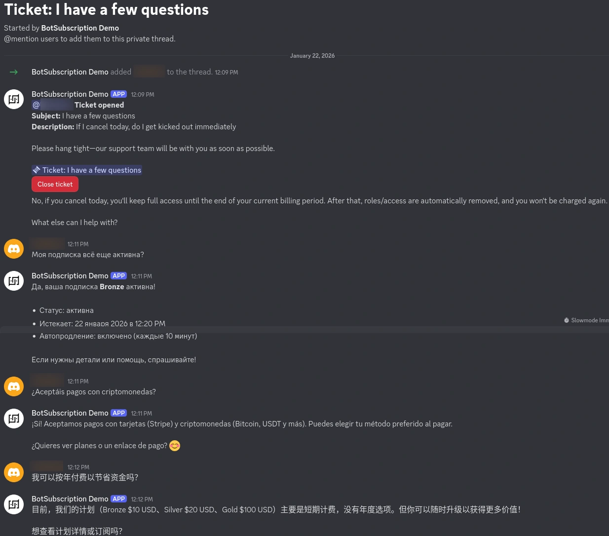 Screenshot showing the bot replying to questions in English, Russian, Spanish, Chinese, and Arabic