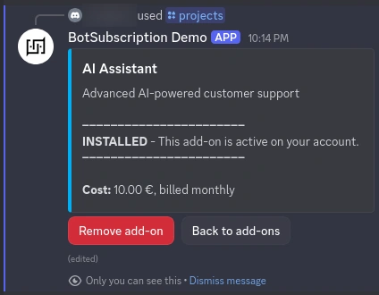 Add-on management screen showing the Remove add-on option