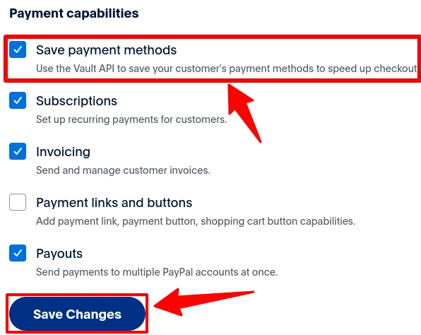 PayPal Developer Portal App Settings showing Save payment methods