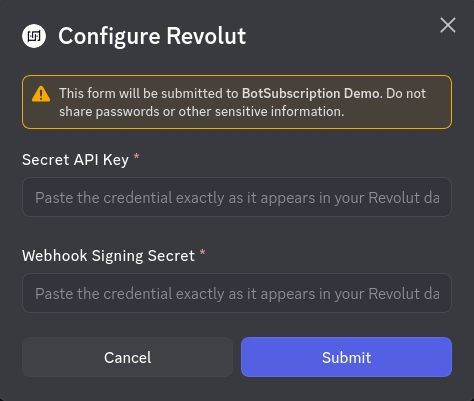 Revolut credentials form in BotSubscription showing Public Key and Secret Key fields