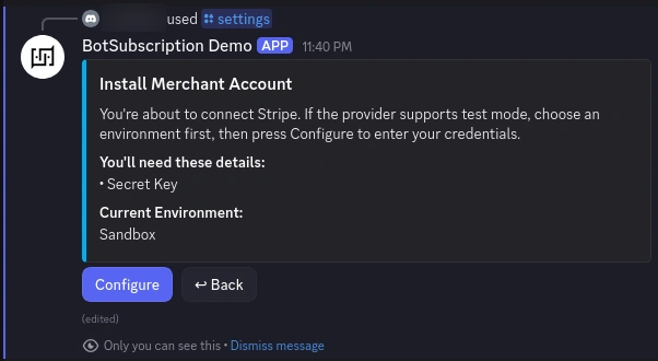 Stripe configuration preview displaying required Secret Key field