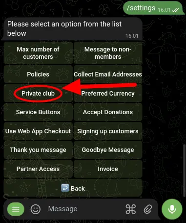 Screenshot showing the steps to enable Private Club feature in BotSubscription