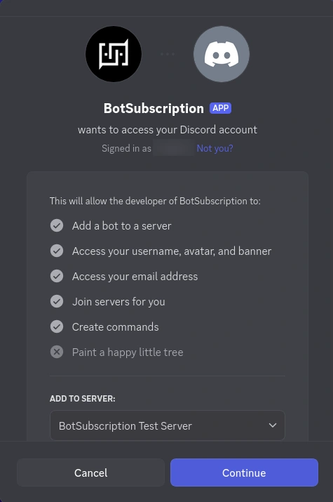 Discord authorization page showing BotSubscription requesting permissions to add a bot and access profile info