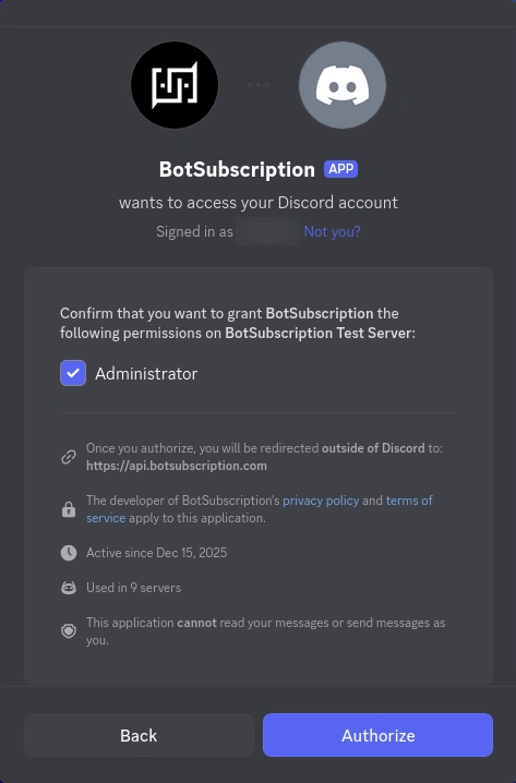 Discord permissions confirmation showing Administrator permission for BotSubscription