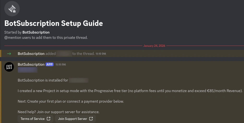 Discord server showing the private BotSubscription Setup Guide thread