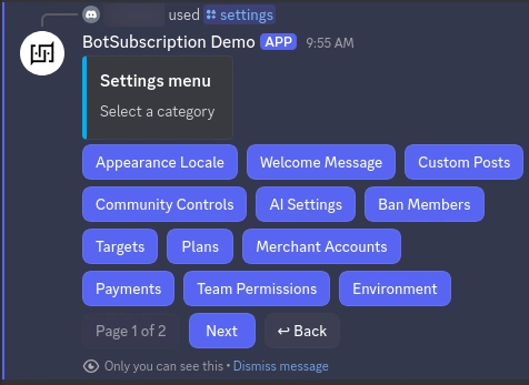 BotSubscription settings menu showing plan management options