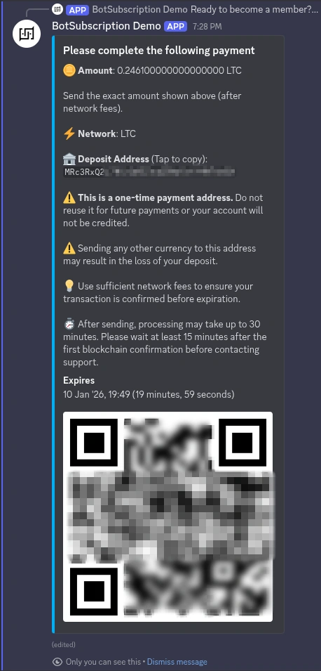 NOWPayments crypto payment instructions showing the amount, deposit address, QR code, and an expiration timer