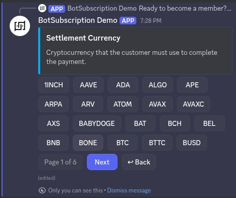 NOWPayments cryptocurrency selection in Discord bot showing coins like BTC, ETH, LTC, DOGE, and many more