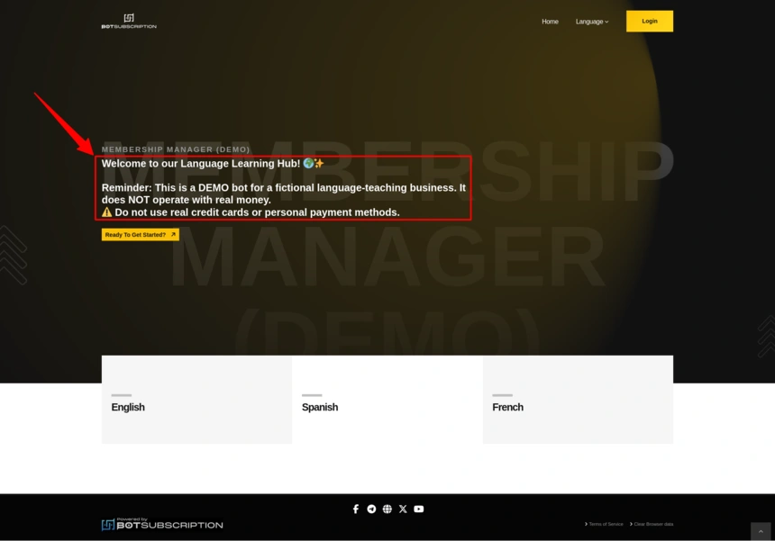 Example of a custom Start Message displayed on a BotSubscription web portal.